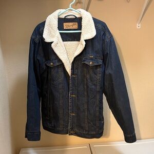 Wrangler Dark Blue Denim Jacket with Cream Sherpa Collar